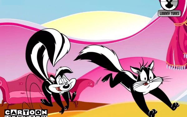 HD desktop wallpaper featuring Pepé Le Pew and a cat in a colorful Looney Tunes TV show scene.