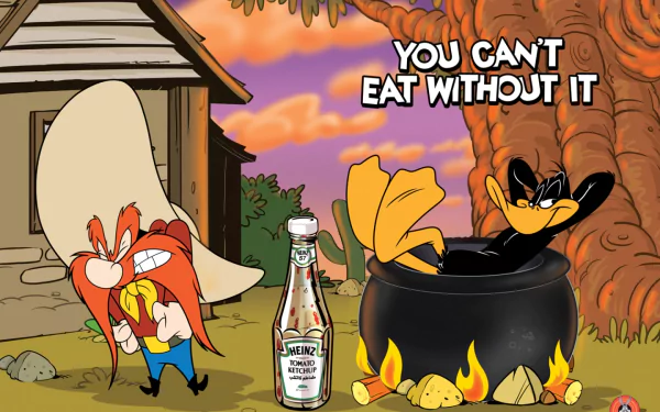 Yosemite Sam and Daffy Duck from Looney Tunes are featured in this vibrant HD wallpaper, showcasing a humorous scene with a playful tagline about a condiment.