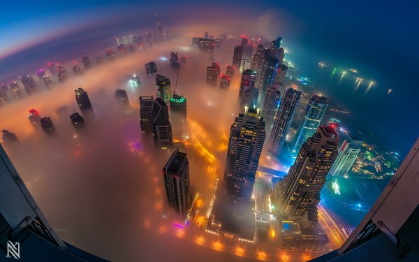 Man Made Dubai Cities United Arab Emirates Skyscraper Building City Fog Aerial HD Wallpaper | Background Image