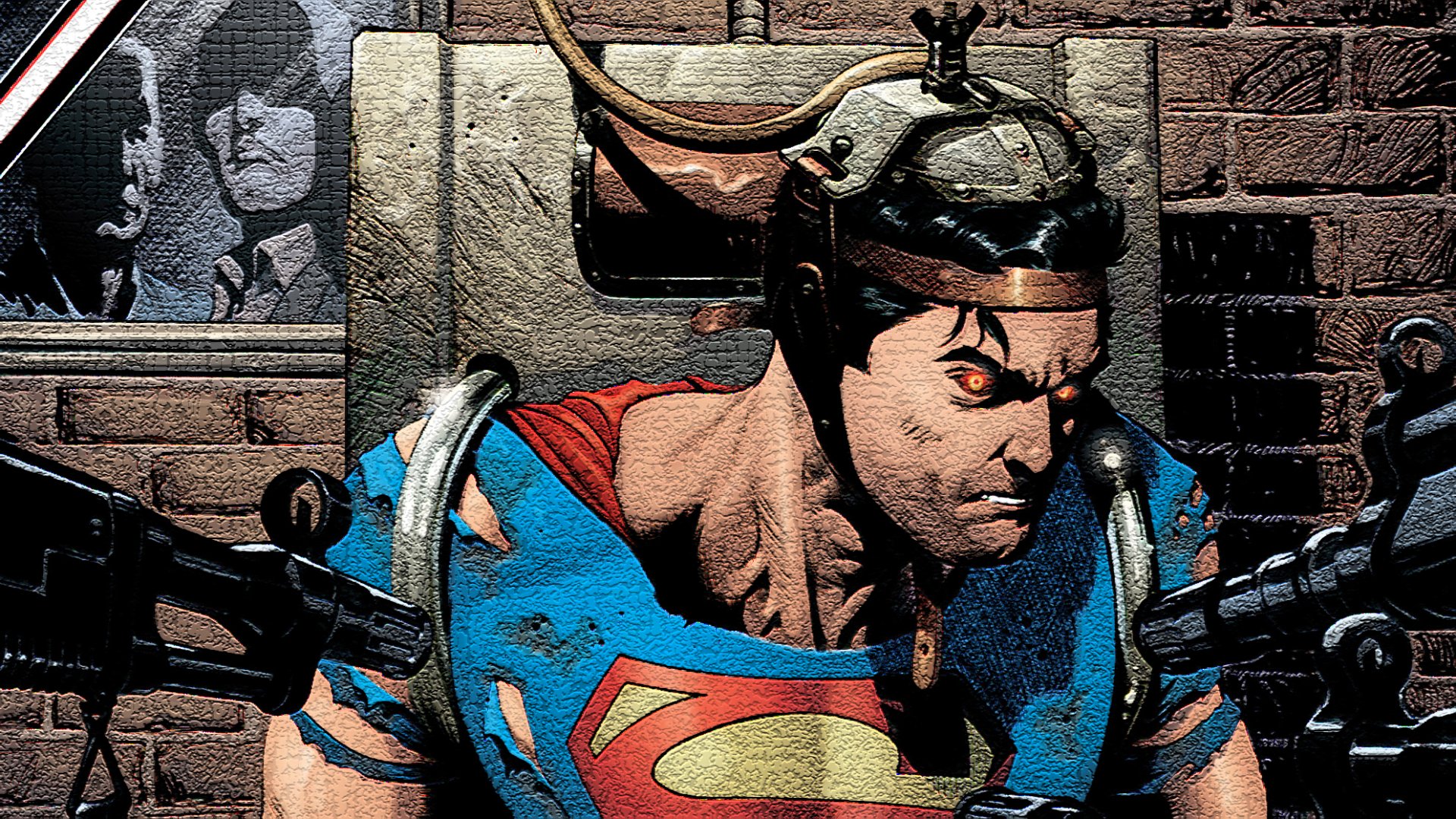 HD comic-style PC desktop wallpaper/background showing Superman in a torn suit and cape, wearing a restraining mechanical helmet and held by heavy weapons against a gritty brick wall.