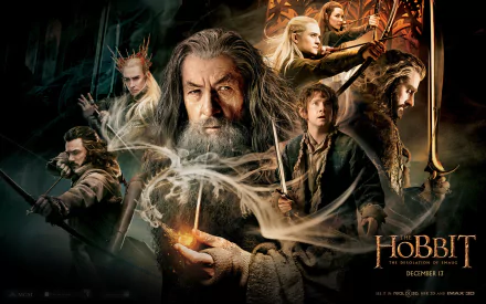 Stunning HD wallpaper featuring Gandalf and characters from The Hobbit: The Desolation of Smaug, capturing the epic fantasy adventure in vivid detail.