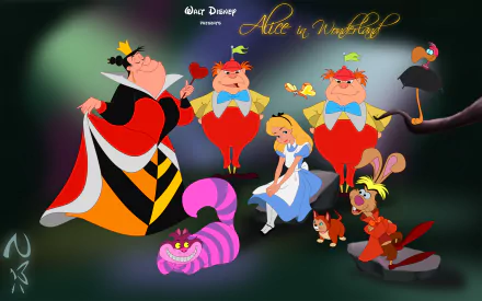 HD desktop wallpaper featuring characters from Disney's 1951 movie Alice In Wonderland, including Alice, the Queen of Hearts, Tweedledee and Tweedledum, and the Cheshire Cat.