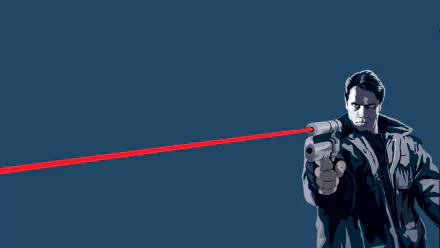 A dynamic 8K Ultra HD wallpaper featuring a character from the movie The Terminator, aiming a firearm with a striking red laser beam.