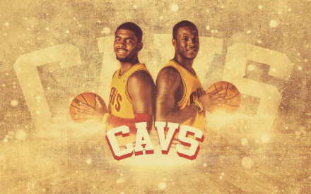 HD wallpaper featuring Dion Waiters and Kyrie Irving in Cleveland Cavaliers jerseys, showcases their dynamic presence in sports with a vibrant gold background.