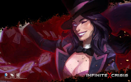 HD PC desktop wallpaper featuring Zatanna from the video game Infinite Crisis, showcasing her magical powers with playing cards swirling around.