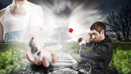 Artistic Adam and Eve 2K Quad HD PC desktop wallpaper: dramatic light over cracked path, man holding a red apple, ethereal woman in an outstretched palm, bare trees at dusk.