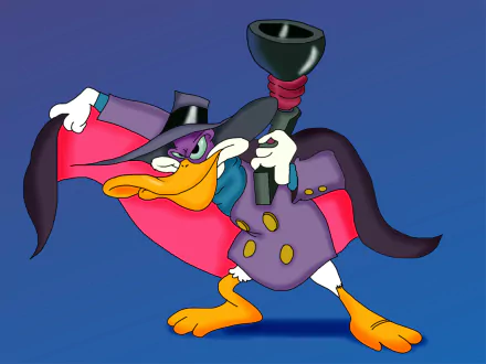 HD PC desktop wallpaper featuring Darkwing Duck from the TV show, striking a dynamic pose against a blue background.