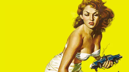 HD PC desktop wallpaper featuring a dramatic scene from the movie Attack of the 50 Foot Woman with the giant woman holding a car against a bright yellow background.