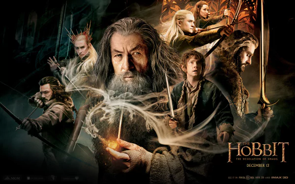 Stunning HD wallpaper featuring Gandalf and characters from The Hobbit: The Desolation of Smaug, capturing the epic fantasy adventure in vivid detail.