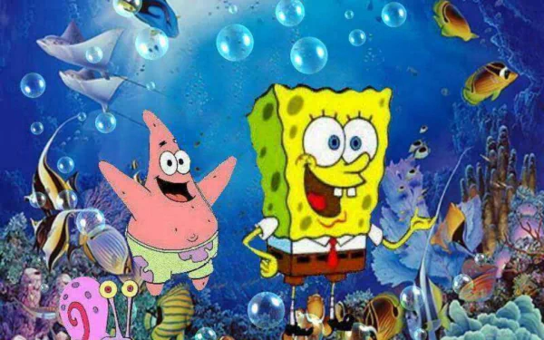 HD desktop wallpaper featuring SpongeBob SquarePants and Patrick Star amidst a vibrant underwater scene from the TV show SpongeBob SquarePants, surrounded by bubbles and colorful marine life.