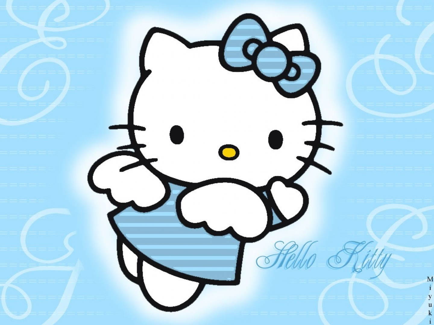 HD desktop wallpaper featuring Hello Kitty in a blue outfit with a bow, set against a blue patterned background.