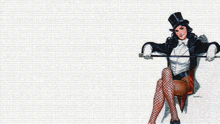 HD desktop wallpaper featuring DC Comics' Zatanna smiling in a top hat, jacket, gloves, high heels, and fishnet stockings against a textured light background.