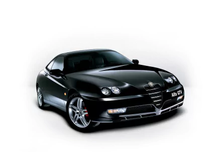 HD desktop wallpaper featuring a sleek black Alfa Romeo GTV sports car against a white background.