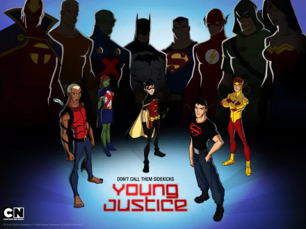 A vibrant HD wallpaper from the TV show Young Justice, featuring iconic young heroes like Robin and Kid Flash, set against a backdrop of shadowed superhero silhouettes.