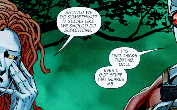 Two characters from the comic Secret Six, Deadshot and an unnamed figure, engage in conversation under a dark, moody backdrop, capturing a moment of tension and humor.