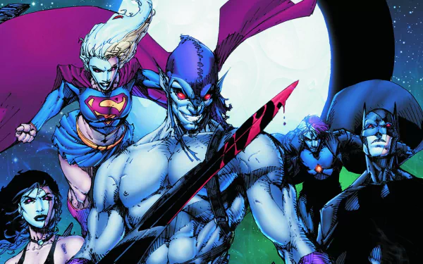 HD comic wallpaper featuring Batman, Supergirl, and Eclipso with intense, dark tones set against a glowing moonlit sky.