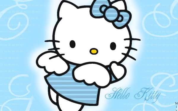 HD desktop wallpaper featuring Hello Kitty in a blue outfit with a bow, set against a blue patterned background.