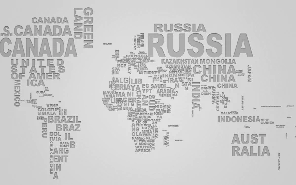 Artistic typography world map in grayscale, designed as an HD PC desktop wallpaper and background with country names forming their geographical shapes.