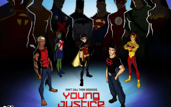 A vibrant HD wallpaper from the TV show Young Justice, featuring iconic young heroes like Robin and Kid Flash, set against a backdrop of shadowed superhero silhouettes.