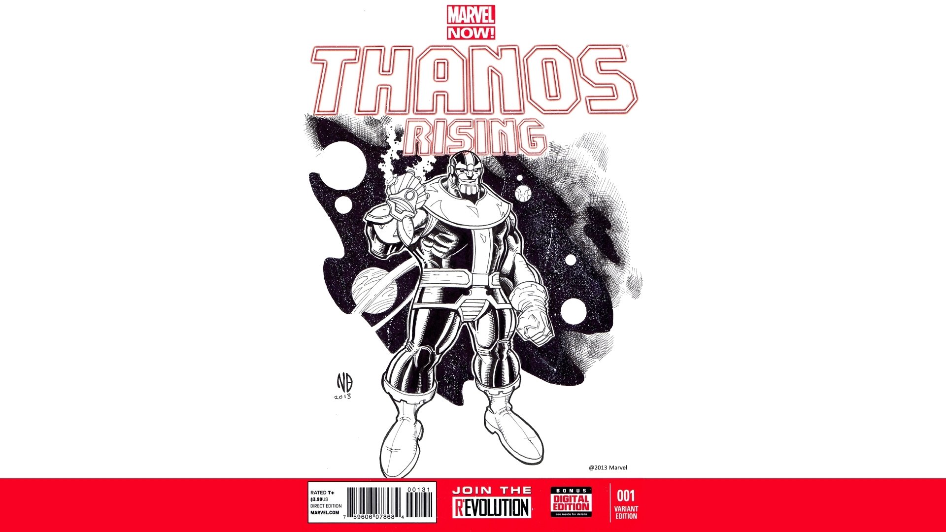 HD desktop wallpaper depicting Thanos from the comic Thanos Rising. Thanos stands confidently as cosmic elements surround him. The Marvel Now! logo appears at the top.