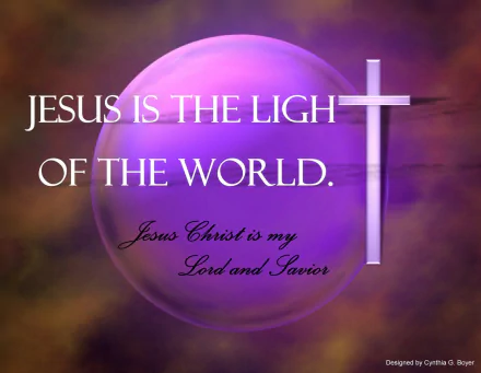 HD desktop wallpaper featuring a purple orb with a white cross, inscribed with Jesus is the light of the world. Jesus Christ is my Lord and Savior on a nebulous background.