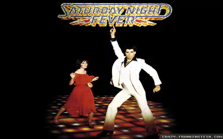 HD desktop wallpaper featuring Tony Manero and Karen Lynn Gorney dancing, with the Saturday Night Fever logo above them on a dark background.