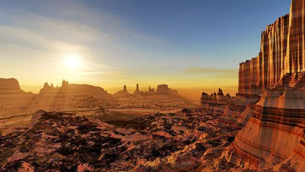 A stunning HD wallpaper of the Grand Canyon at sunset, showcasing layered rock formations and vast desert landscapes bathed in warm sunlight, highlighting the beauty of nature.