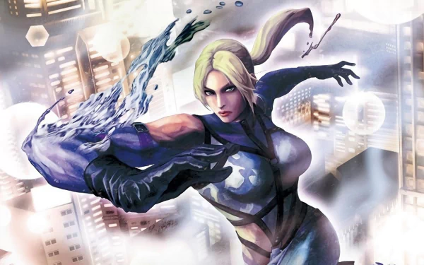 HD desktop wallpaper featuring blonde Nina Williams from Tekken in dynamic action pose with glove, blending video game elements with a Street Fighter-inspired style.
