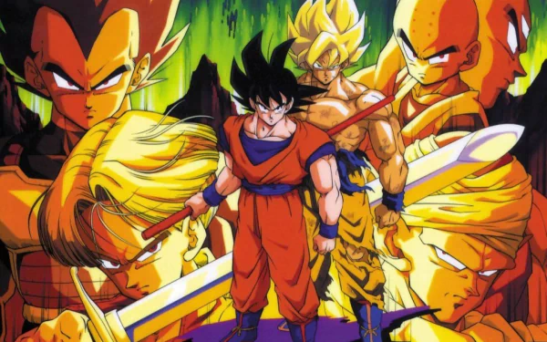 Anime Dragon Ball Z HD desktop wallpaper featuring prominent characters in vibrant colors and dynamic poses.
