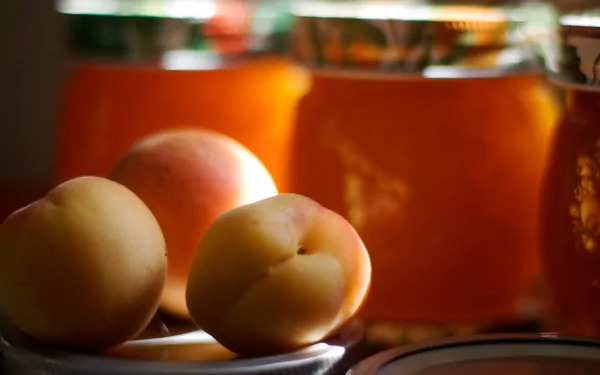 HD desktop wallpaper featuring fresh apricots and jars of apricot jam, highlighting the vibrant orange hues of the fruit and spread.