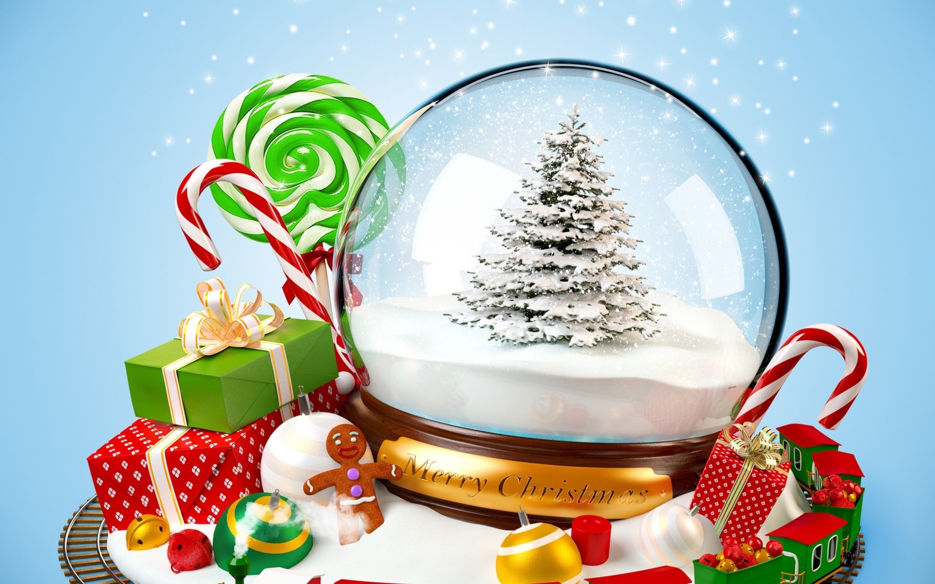HD Christmas desktop wallpaper featuring a snow globe with a snowy tree, candy canes, gifts, ornaments, and festive holiday decorations. Merry Christmas theme.