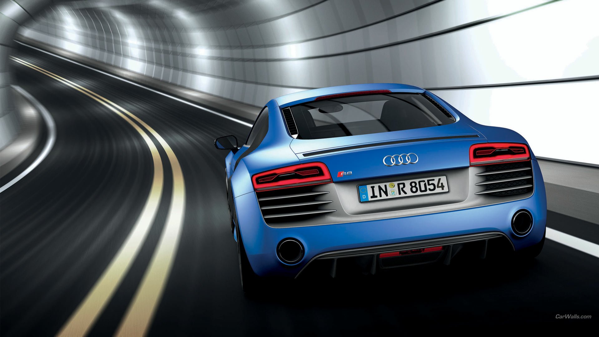 HD PC wallpaper featuring a blue Audi R8 V10 supercar speeding through a futuristic tunnel, highlighting the sleek design of this iconic Audi vehicle.