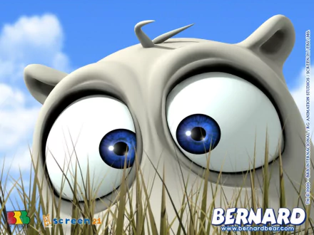 Close-up HD desktop wallpaper of Bernard the polar bear from the TV show Upin and Ipin, peeking through tall grass against a blue sky background.