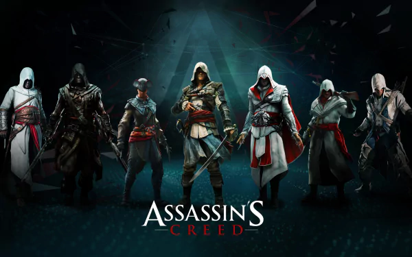 HD desktop wallpaper featuring iconic characters from Assassin's Creed: Altair, Connor, Ezio, and Edward Kenway, standing in a line against a dark background with the Assassin's Creed logo at the center.