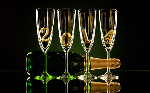 Four champagne flutes etched with gold numerals 2-0-1-4 and a champagne bottle on its side against black — New Year 2014 glass holiday 2K Quad HD PC wallpaper/background.