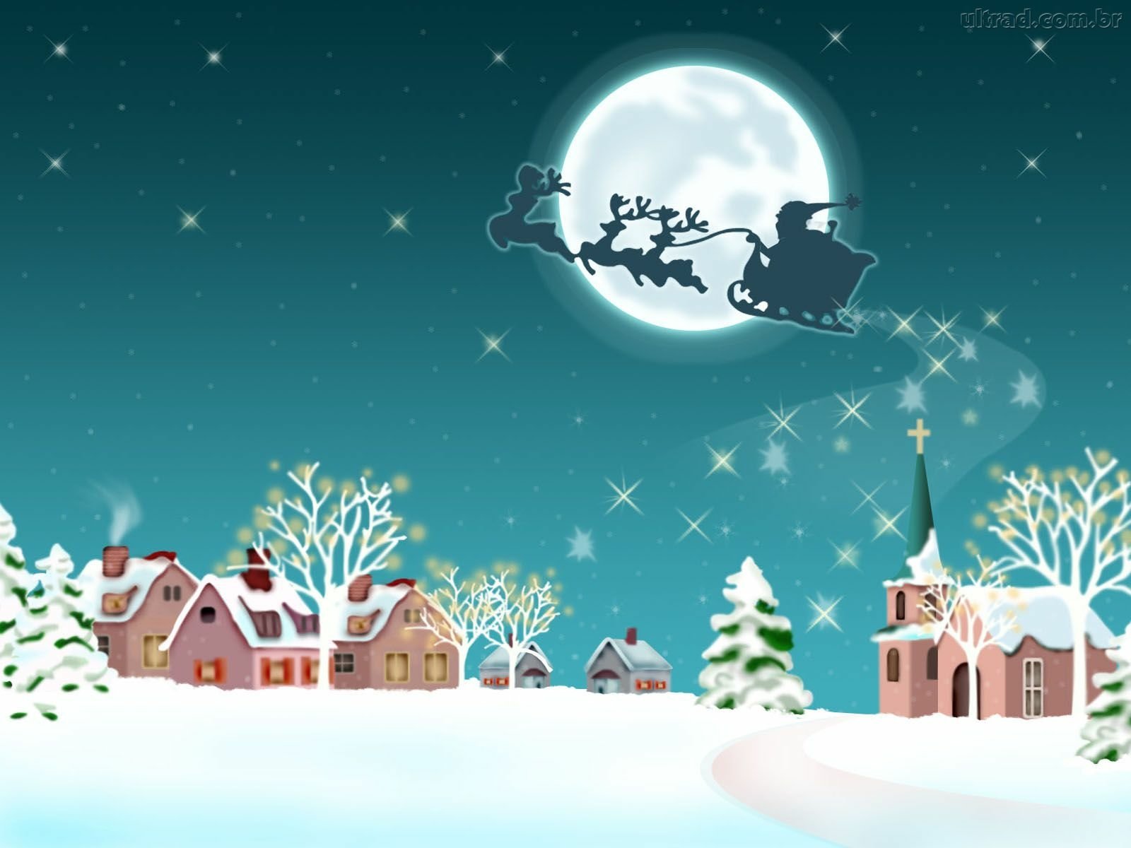 HD Christmas holiday desktop wallpaper featuring Santa’s sleigh and reindeer flying over a snowy village under a full moon and starry night sky.