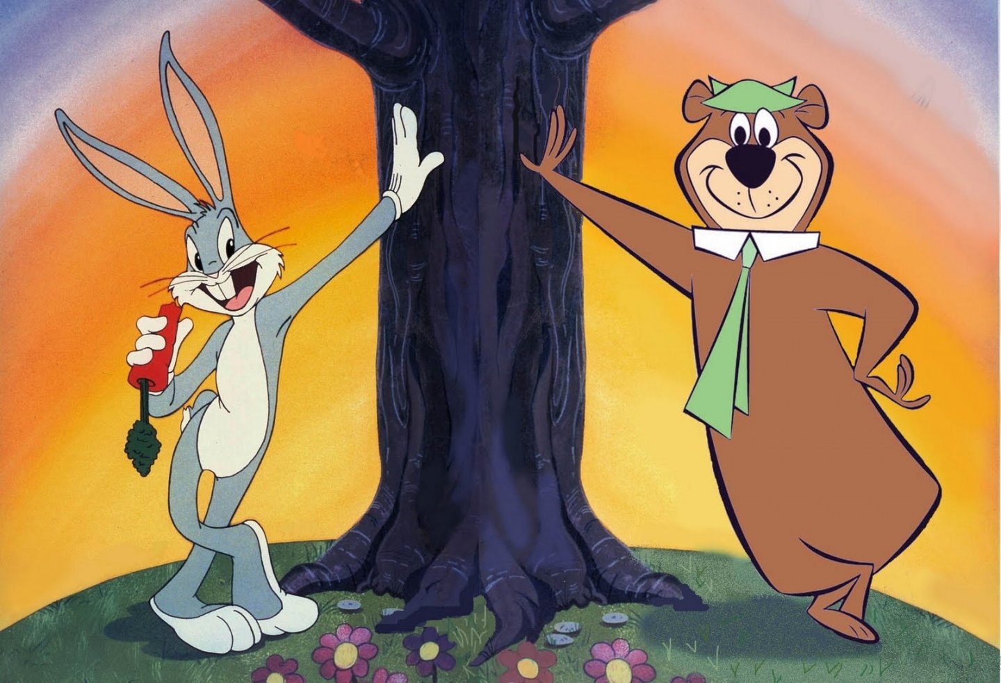 HD PC desktop wallpaper featuring a Bugs Bunny and Yogi Bear crossover from a classic TV show, standing together by a large tree with an orange sky background.