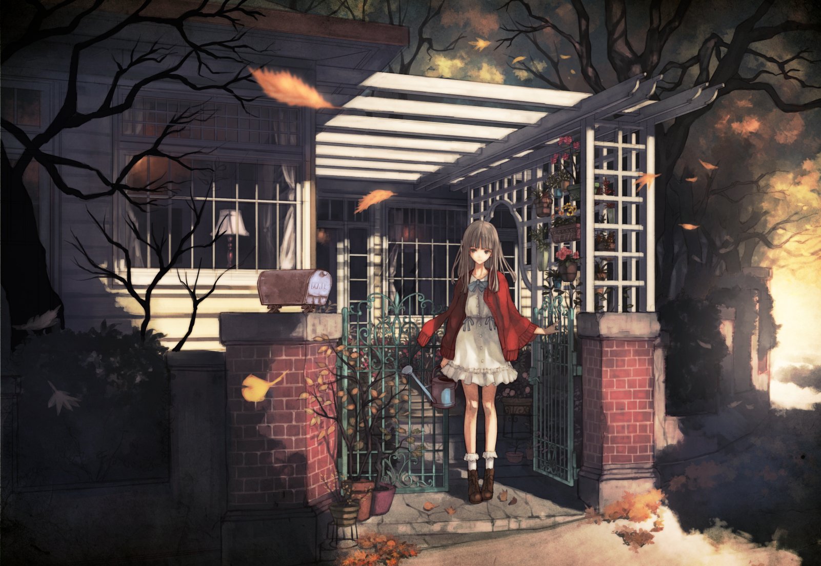 Anime-style HD desktop wallpaper featuring an original character standing at a garden gate in an autumnal setting with falling leaves and evening light.