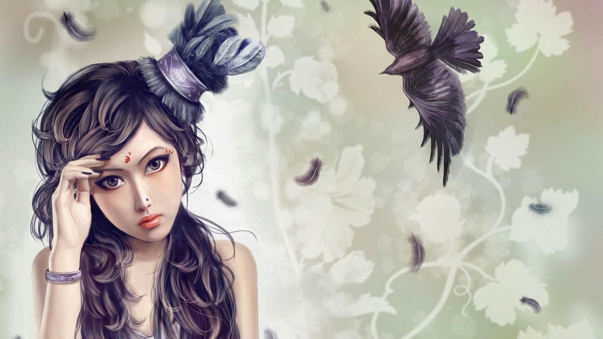 Fantasy-themed HD PC desktop wallpaper featuring a mystical woman with dark hair and a unique headdress, surrounded by flying crows and soft floral patterns.