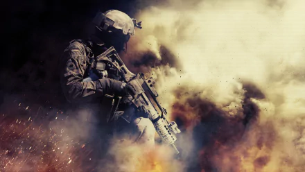 A soldier in action amidst explosions, representing themes from the video game Medal of Honor: Warfighter. Stunning HD wallpaper for a dynamic gaming experience.