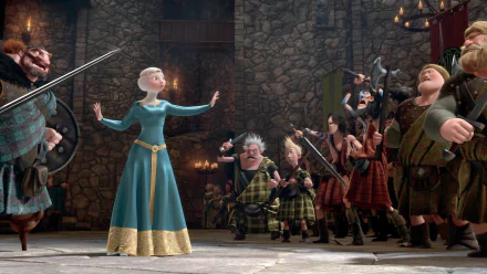 HD desktop wallpaper featuring Elinor and Fergus from the movie Brave, set in a stone-walled hall with armed clansmen and vibrant medieval details.