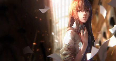 HD desktop wallpaper featuring Kurisu Makise from Steins;Gate, depicted with a thoughtful expression amidst a backdrop of glowing, fragmented light.