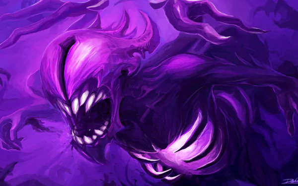 HD PC desktop wallpaper featuring Faceless Void from DotA 2, showcasing a menacing, purple-hued monster with sharp teeth and glowing highlights in a dark, surreal style.