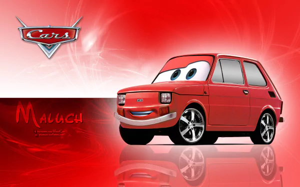 A vibrant HD desktop wallpaper featuring a Pixarized Fiat 126p, known as Maluch, from the animated movie Cars, set against a dynamic red background.