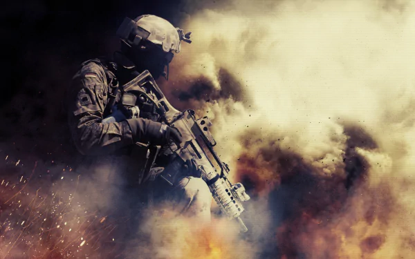 A soldier in action amidst explosions, representing themes from the video game Medal of Honor: Warfighter. Stunning HD wallpaper for a dynamic gaming experience.