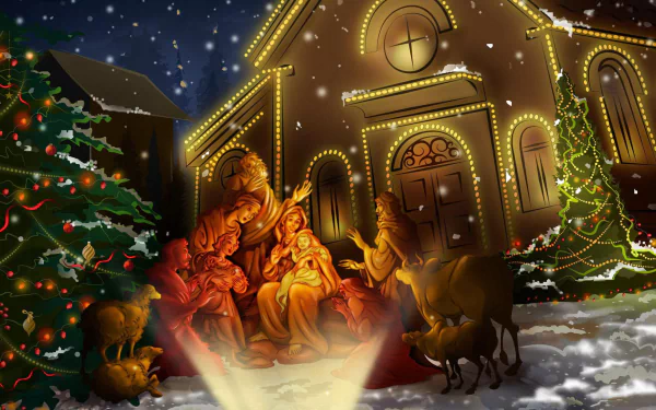 A beautifully illuminated nativity scene set against a snowy backdrop, featuring a Christmas tree and festive decorations, capturing the essence of the holiday spirit.