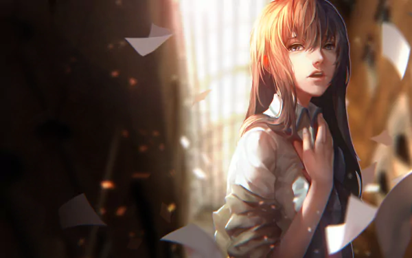 HD desktop wallpaper featuring Kurisu Makise from Steins;Gate, depicted with a thoughtful expression amidst a backdrop of glowing, fragmented light.