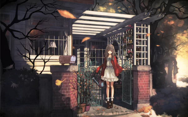 Anime-style HD desktop wallpaper featuring an original character standing at a garden gate in an autumnal setting with falling leaves and evening light.