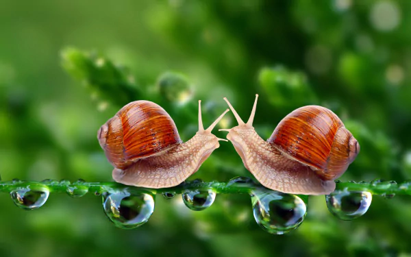 Two snails on a leaf with droplets, captured in stunning detail. This HD image serves as a vibrant desktop wallpaper and background, showcasing the beauty of nature.