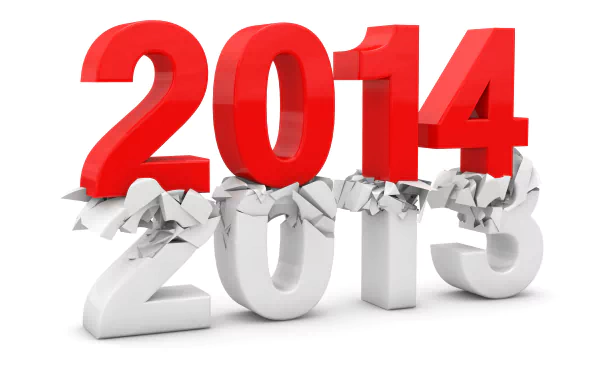 Bold red 2014 numbers rise above cracked white 2013 on a clean background, celebrating the New Year holiday in sharp 4K Ultra HD desktop wallpaper style.